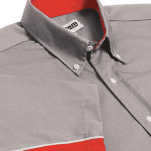 This Teamwear Touring shirt has silver piping separating the 2 diverse colours of grey and red. This
