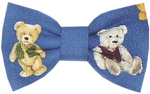 A lovely pre-tied bow tie with teddies all over on a blue background.
