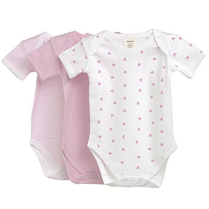 Pack of 3 soft cotton bodysuits to keep your baby cosy and comfortable. In plain pink, pink and whit