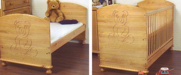 teddy cot bed in antique pine. built to last your family a life time. with teething rail to protect
