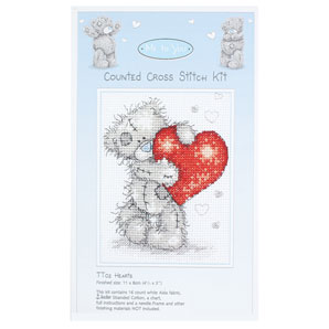 Anchor counted cross stitch kit with a teddy bear holding a heart. Finished size W8 x