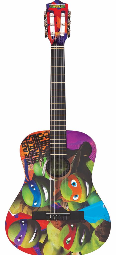 ideal for any budding shredder, learning to play guitar is a pizza cake with this 3/4 size acoustic guitar outfit! With a bright purple wooden body and turtles graphics this guitar is fun to play. The nylon strings and classic style machine heads