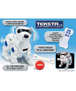 Loveable interactive robotic puppy.Them more you play with Teksta the smarter he gets.Voice, touch