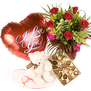 WL03 Temptation bouquet of six red roses delivered with a SD03 160g box of chocolates SD01 Teddy Bea