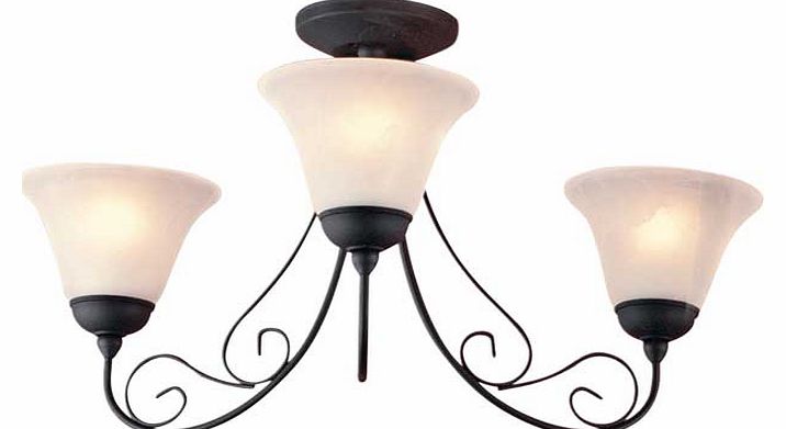 This great value ceiling fitting with 3 frosted glass bell light shades features a decorative scroll design in a textured black finish. Drop 31cm. Diameter 54cm. Suitable for use with low energy bulbs. Assembly required. Bulbs required 3 x 46W SES ec