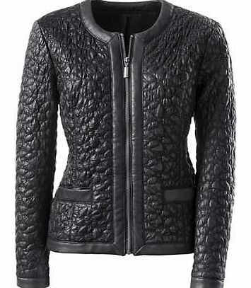 Trendy faux leather jacket with textured quilting and smooth trim detail on the edges. With a rounded neckline, full length zip fastening and 2 welt pockets. Jacket Features: Textured quilting Round neck Flattering fit Washable 100% Viscose Length ap