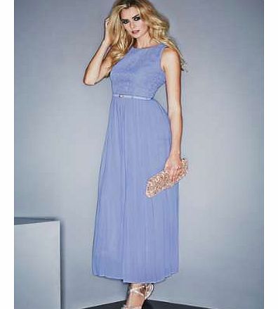 Elegant and sophisticated, this maxi dress with a textured bodice and pleated skirt will have you standing out from the crowd. In one of this seasons key pastel shades and with a delicate belt to finish the look it is simply stunning. With concealed 