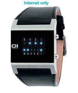 LED watch, tells the time in binary (hours and minutes). Black dial. Square stainless steel case. Bl