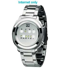 LED watch, tells the time in binary (hours and minutes). White dial. Round stainless steel bracelet.
