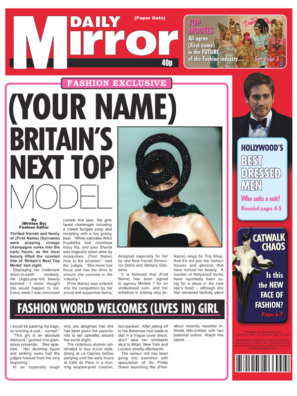 Unbranded Themed Female Spoof Newspapers Top Model