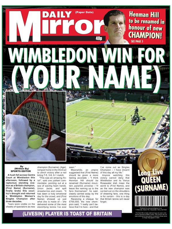 Unbranded Themed Female Spoof Newspapers Wimbledon Winner