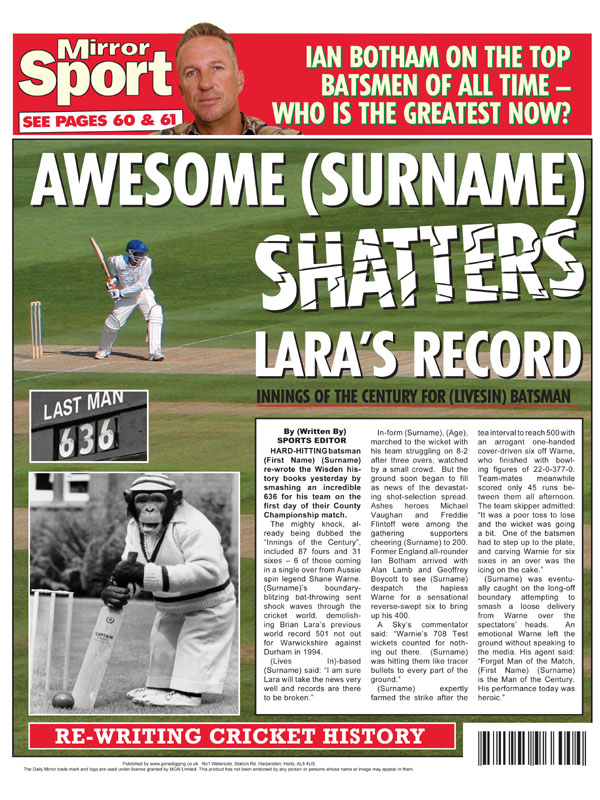 Unbranded Themed Male Spoof Newspapers Cricket Runs Record