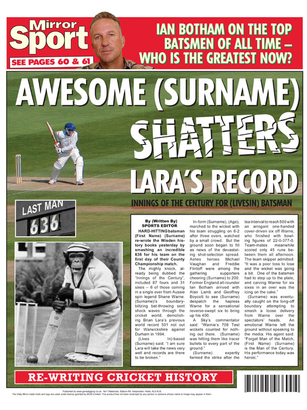 Unbranded Themed Male Spoof Newspapers Cricket Runs Record