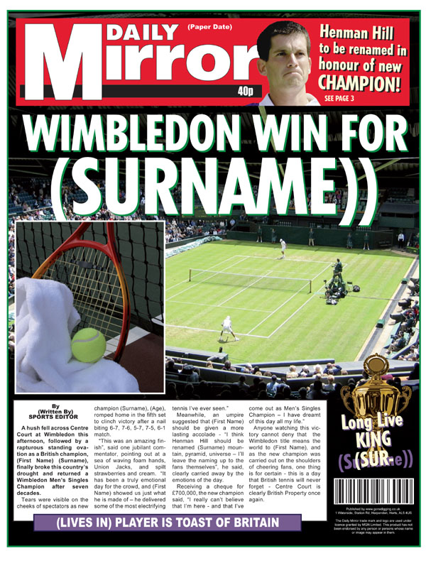 Unbranded Themed Male Spoof Newspapers Wimbledon Winner
