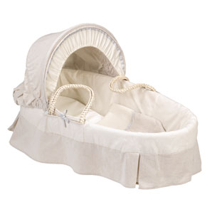 Palm leaf Moses basket with a taupe coloured, machine washable cotton hood and skirt trimmed with gr