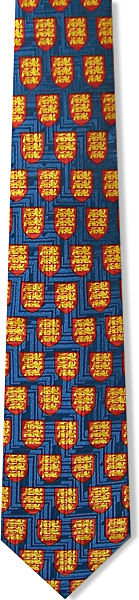 A smart patterned blue silk tie featuring red crests containing three golden lions.