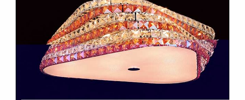 The Tia Contemporary Shaped Crystal Flush Light fitting has 3 sides and curved edges. Covered intensely with crystals the light shines through and creates sparkle in any room. Size H16. W55. D33cm. Drop 16cm. Diameter 55cm. Suitable for use with low 