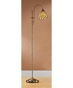 Antique brass finish with a cream and amber shade.Height 145 - 165cm.Shade diameter 22cm.Requires 1