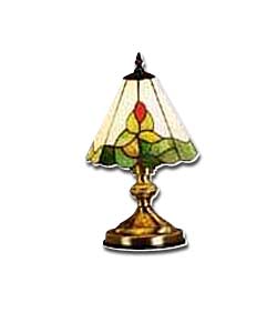 Antique brass finish with tiffany style stained glass shade.Height 36.5cm.Shade diameter 21.6cm.4