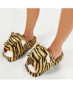 Tiger shaped massaging slippers in gold with black stripes and white face.Requires 2 x AA battery (n