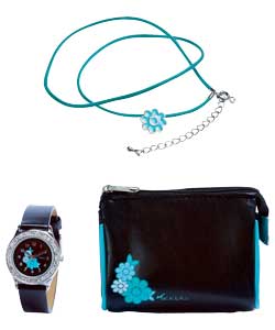 Quartz.Black dial with blue flower design.Black strap.Round stone set case.Set includes watch, match
