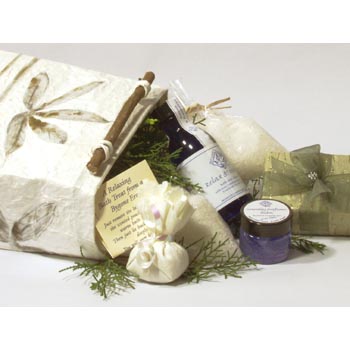 This wonderfully relaxing collection is packed by hand into a hand made gift carrier hand decorated