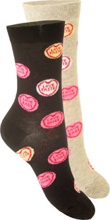 Two pairs of cotton socks, one grey and one black. The Tloveas socks have sweet slogan hearts patter