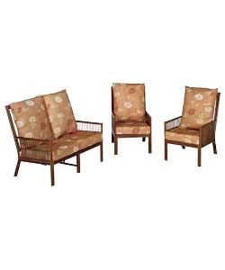 3 piece suite comprises sofa and 2 chairs.Stained rattan frame with rail effect design and 100%
