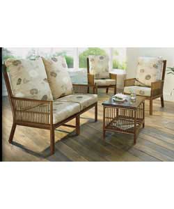 4 piece suite comprises sofa, 2 chairs and a coffee table.Stained rattan frame with rail effect