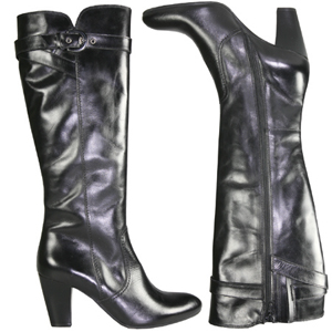 A tall knee length boot from Jones Bootmaker. With wrap around strap and buckle to top, Almond shape
