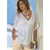 Beautiful sheer short-sleeve blouse with delicate floral embroidery and tie-back ribbon. Washable. P