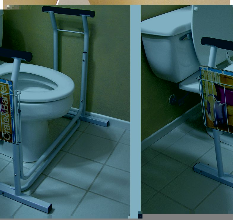 Toilet Safety Support. Holds up to 300 lbs. Sturdy arms rise to meet the user. Includes a handy magazine rack. Slip resistant padding at bottom.