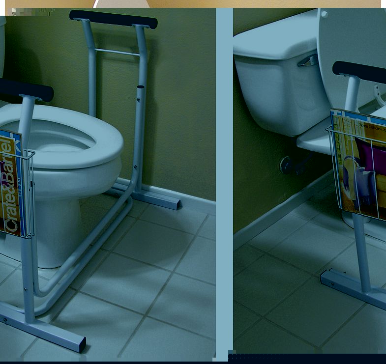 Toilet Safety Support. Holds up to 300 lbs. Sturdy arms rise to meet the user. Includes a handy magazine rack. Slip resistant padding at bottom.