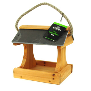 An alternative to the traditional bird table  this hanging version comes with a genuine slate roof  