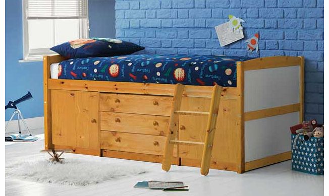 With 2 cupboards and 3 drawers. this Tory Pine Mid Sleeper Bed with Bibby Mattress gives your child plenty of space to store their toys. games and clothes. The included Bibby mattress is open coil with a medium firmness and a depth of 17cm. Sleeper: 