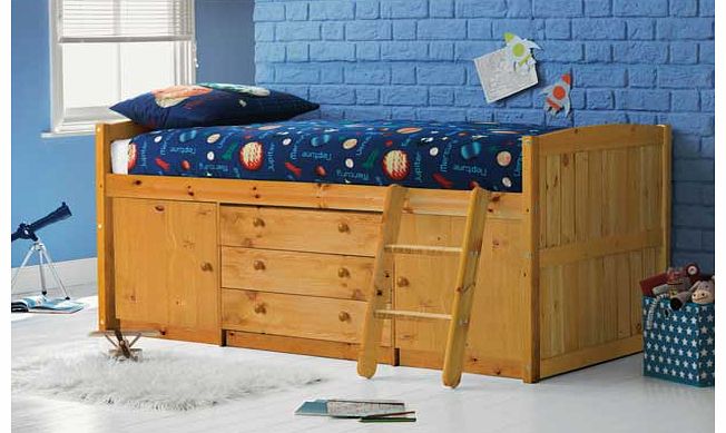 With 2 cupboards and 3 drawers. this Tory Pine Mid Sleeper Bed Frame with Elliott Mattress is perfect when you need to make the most of the space in your childs bedroom. These drawers and cupboards are perfect for storing toys and games. The included