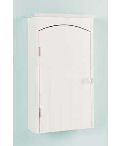 White wall cabinet with solid wood frame and routed door panel. 1 internal adjustable shelf. Size