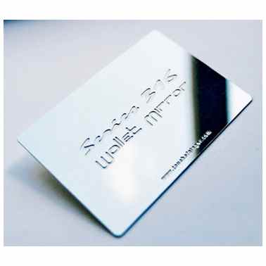 A credit card sized travel mirror made from stainless steel that easily fits into your wallet,
