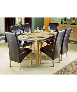 Size of table (L)150, (W)90, (H)75cm.Size of chair (W)42.5, (D)63, (H)101cm.Oak effect veneered dini