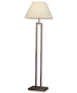 Satin nickel finish with white fabric shade. Foot