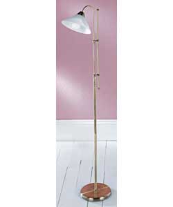 Antique brass effect finish with frosted glass shade.Height 170cm.Requires BC GLS 60 watt bulb (not