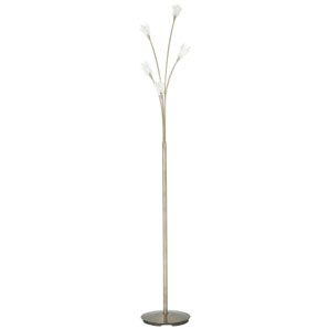 Antiqued brass floor lamp with 5 slim arms and clear glass shades with fluted edges