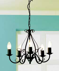 Traditional style 5 light fitting with a black finish.Drop 35cm.Diameter 46cm.Requires 5 x 60 watt