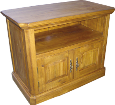 A neat rustic two door TV cabinet  space for video recorder and/or dvd player. Distressed finish