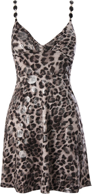 Leopard print dress in high shine fabric with moulded cups 95 Polyester,5 elastane, Length 56cms
