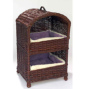 A handmade and stylish, two tier cat basket in buff willow. A unique and unusual piece of pet