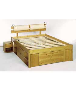 Light antique pine coloured bed with 2 chunky pine rails in headboard and comfortable foam headpads