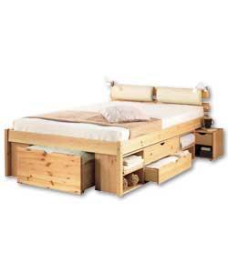 Light antique pine coloured bed with 2 chunky pine rails in headboard and comfortable foam headpads