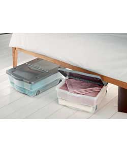 Pack of 2 clear plastic boxes with silver lids, and castors for mobility. Boxes stack for storage