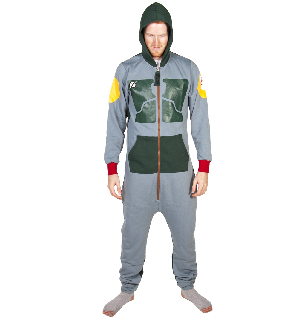 Boba Fett, the original Bounty Hunter! Celebrate his mysterious awesomeness with this costume design onesie. If youre going to lounge about, you have to do it in style! A must have for any Star Wars fan.